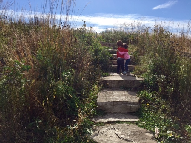 Two toddlers in the Child in the Wild Playgroup standing outdoors arm in arm on a set of stone steps surrounded by prairie grass. 